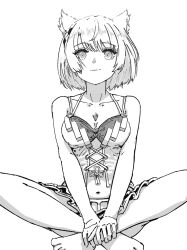 Rule 34 | 1girl, animal ear fluff, animal ears, bare arms, bare shoulders, barefoot, braid, breasts, chin bell, closed mouth, collarbone, commentary, greyscale, highres, looking at viewer, medium breasts, mio (xenoblade), monochrome, short hair, simple background, sitting, smile, solo, white background, xenoblade chronicles (series), xenoblade chronicles 3