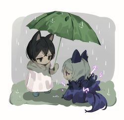 Rule 34 | 1boy, 1girl, animal ears, barbed wire, black eyes, black hair, chibi, e.g.o (project moon), electricity, faust (project moon), fox ears, highres, holding, holding umbrella, hood, hood down, limbus company, love mintchoco, project moon, purple eyes, rain, raincoat, short hair, simple background, tail, umbrella, white background, white hair, wolf ears, wolf tail, yi sang (project moon)