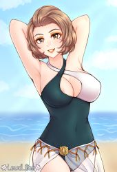 Rule 34 | 1girl, absurdres, areola slip, arms behind head, arms up, artist name, ass, beach, blue sky, blush, breasts, brooch, brown eyes, brown hair, cameltoe, cleavage, cloud, collarbone, covered erect nipples, covered navel, eyeliner, eyeshadow, female focus, fire emblem, fire emblem: three houses, flower, green one-piece swimsuit, highres, intelligent systems, jewelry, large breasts, lewdlilies, lips, lipstick, makeup, manuela casagranda, matching hair/eyes, mole, nintendo, one-piece swimsuit, orange eyeshadow, orange lips, parted lips, sand, see-through, see-through skirt, shiny clothes, shiny skin, short hair, skirt, sky, smile, solo, standing, swimsuit, thick thighs, thighs, water, white skirt