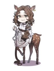 Rule 34 | 1girl, animal ears, arm belt, belt, brown belt, brown fur, brown hair, centauroid, chibi, coat, commentary request, commission, cuffs, daisy, deer ears, deer girl, deer tail, ear tag, flower, full body, green eyes, hair flower, hair ornament, hair over shoulder, handcuffs, highres, holding, holding handcuffs, jessica (reverse:1999), long hair, long sleeves, looking at viewer, monster girl, multiple legs, parted bangs, parted lips, reverse:1999, shichinananao, sidelocks, skeb commission, smile, solo, standing, standing on three legs, tail, taur, transparent background, white coat, white flower