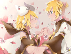 Rule 34 | 1boy, 1girl, arm warmers, bad id, bad pixiv id, black collar, blonde hair, blue eyes, blurry foreground, blush, bow, brother and sister, collar, closed eyes, flower, hair bow, hair ornament, hairclip, holding hands, headphones, heart, heart background, kagamine len, kagamine rin, looking at another, necktie, open mouth, petals, sailor collar, school uniform, shirt, short hair, short ponytail, short sleeves, siblings, smile, tasi y, twins, vocaloid, white bow, white shirt, yellow neckwear