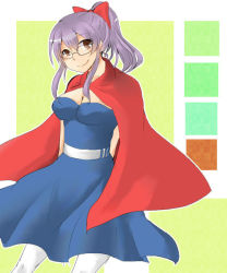 Rule 34 | 1girl, belt, breasts, brown eyes, cape, cleavage, dress, fairy tail, glasses, laki olietta, long hair, ponytail, purple hair, smile, solo