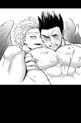 2boys, abs, absurdres, bara, blush, boku no hero academia, censored, chest hair, completely nude, couple, cum, cum on body, cum on pectorals, ejaculation, facial hair, greyscale, hawks (boku no hero academia), helen roro, hickey, highres, implied anal, implied sex, large pectorals, leg grab, male focus, mature male, monochrome, multiple boys, muscular, muscular male, nude, pectorals, scar, scar across eye, short hair, sideburns, spiked hair, stubble, tearing up, todoroki enji, yaoi