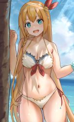 Rule 34 | 1girl, absurdres, bikini, blue eyes, blue sky, breasts, cleavage, cloud, cowboy shot, dappled sunlight, day, hairband, highres, horizon, large breasts, long hair, looking at viewer, navel, ocean, open mouth, orange hair, outdoors, palm tree, pecorine (princess connect!), pecorine (summer) (princess connect!), princess connect!, round teeth, sky, smile, solo, standing, sunlight, swimsuit, teeth, tree, upper teeth only, white bikini, yami anko