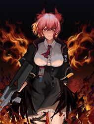 Rule 34 | 1girl, arknights, black background, black gloves, black jacket, black skirt, breasts, closed mouth, collared shirt, commentary request, dress shirt, fiammetta (arknights), fire, gloves, gun, hair between eyes, highres, holding, holding gun, holding weapon, jacket, looking at viewer, medium breasts, open clothes, open jacket, pink hair, red eyes, shirt, simple background, skirt, solo, weapon, white shirt, yuec