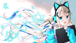 Rule 34 | 1girl, :d, ahoge, animal ear headphones, animal ears, bad id, bad pixiv id, bare shoulders, blonde hair, blue eyes, blue jacket, blush, bow, commentary request, copyright request, drawing tablet, fake animal ears, glowing, hair between eyes, headphones, highres, holding, holding stylus, huion, indie virtual youtuber, jacket, long hair, long sleeves, looking at viewer, off shoulder, open clothes, open jacket, open mouth, puffy long sleeves, puffy sleeves, sleeves past wrists, smile, solo, star (symbol), stylus, uchuuneko, upper body, very long hair, virtual youtuber, white bow