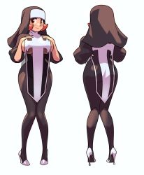 Rule 34 | 1girl, android, ass, breasts, chastity (negarobo), curvy, full body, high heels, hip focus, large breasts, legs, nun, pink hair, red eyes, red hair, robaato, short hair, simple background, smile, thick thighs, thighs, white background, wide hips