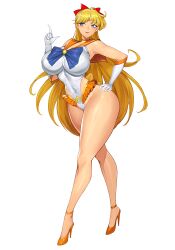 aino_minako bishoujo_senshi_sailor_moon blonde_hair blue_eyes bow choker commentary curvy gloves gurimjang high_heels highres long_hair magical_girl orange_choker orange_sailor_collar red_bow revealing_clothes sailor_collar sailor_senshi_uniform sailor_venus simple_background thighs white_background white_gloves