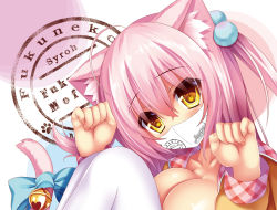 Rule 34 | 1girl, animal ears, bell, bow, breasts, cat ears, cat tail, cleavage, close-up, large breasts, long hair, looking at viewer, mask, mouth mask, original, paw pose, pink hair, shia flatpaddy, slit pupils, solo, syroh, tail, tail bell, tail bow, tail ornament, two side up, white legwear, yellow eyes