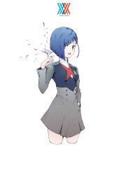 Rule 34 | 10s, 1girl, absurdres, bad id, bad pixiv id, bandaid, bandaid on hand, blue hair, breasts, commentary request, cropped legs, darling in the franxx, green eyes, hair ornament, hair over one eye, hairclip, hand in pocket, highres, ichigo (darling in the franxx), looking at viewer, open mouth, papercraft, q-pra, short hair, solo, tail, uniform