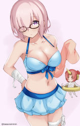 Rule 34 | 2girls, alternate costume, bad id, bad pixiv id, bandaged arm, bandages, bare shoulders, bikini, bikini skirt, black-framed eyewear, blue bikini, blue bow, blush, bow, breasts, chibi, chibi inset, cleavage, closed mouth, collarbone, commentary request, cosplay, cowboy shot, fate/grand order, fate (series), frankenstein&#039;s monster (fate), frankenstein&#039;s monster (swimsuit saber) (fate), frankenstein&#039;s monster (swimsuit saber) (fate) (cosplay), glasses, hair over one eye, halterneck, hand on own hip, horns, innertube, large breasts, looking at viewer, mash kyrielight, multiple girls, navel, pink background, pink hair, short hair, simple background, single horn, solo focus, standing, stomach, swim ring, swimsuit, tareme, tasora, twitter username