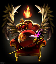 Rule 34 | black background, commentary request, countryball, crown, eyepatch, fire, flaming eye, foil (fencing), highres, looking at viewer, metal wings, no humans, polish-lithuanian commonwealthball, purple fire, sharks sk art, solo, sword, throne, weapon, winged hussar