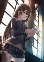 Rule 34 | 1girl, black hair, black jacket, blazer, bouquet, bow, braid, closed mouth, collared shirt, commentary request, cowboy shot, flower, french braid, grey skirt, hair ornament, hairclip, highres, indoors, jacket, lamp, long hair, looking at viewer, nijisanji, open clothes, open jacket, pink neckwear, plaid, plaid skirt, saraki, shirt, skirt, smile, solo, thighhighs, tsukino mito, tsukino mito (1st costume), virtual youtuber, wall lamp, white bow, window, zettai ryouiki