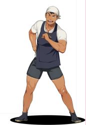 Rule 34 | 1boy, :d, apron, bandaid, bandaid on arm, bandaid on face, bandaid on knee, bandaid on leg, bara, hand on own hip, itto (mentaiko), jika-tabi, legs apart, male focus, muscular, one eye closed, open mouth, original, pointing, pointing at self, simple background, smile, solo, tabi, tan, tanline, white background
