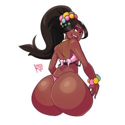 Rule 34 | 1girl, absurdres, artist name, ass, ass focus, bare shoulders, bikini, black hair, bracelet, commentary, dark-skinned female, dark skin, english commentary, fire emblem, fire emblem engage, from behind, high ponytail, highres, jewelry, looking at viewer, looking back, misskoi, nintendo, official alternate costume, open mouth, pearl bracelet, pearl hair ornament, simple background, swimsuit, teeth, timerra (fire emblem), upper teeth only, very dark skin, white background