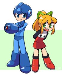 Rule 34 | 1boy, 1girl, arm cannon, arms behind back, black shirt, blue bodysuit, blue eyes, blue footwear, blue headwear, blush stickers, bodysuit, boots, closed mouth, dress, flat chest, full body, green eyes, green ribbon, hair ribbon, helmet, highres, knee boots, lakilolom, leaning forward, long hair, long sleeves, looking at another, mega man (character), mega man (classic), mega man (series), open mouth, ponytail, red dress, red footwear, ribbon, roll (mega man), shirt, sidelocks, smile, standing, teeth, two-tone background, undershirt, weapon