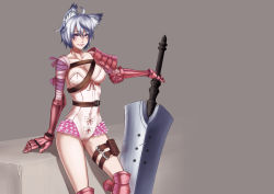Rule 34 | 1girl, ahoge, animal ears, armor, bandages, belt, bow, breasts, cleavage, collarbone, colored eyelashes, fantasy earth zero, female focus, frills, gauntlets, gradient background, grey hair, highres, huge weapon, large breasts, pink eyes, short hair, solo, sword, thigh strap, weapon, yuuten