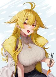 Rule 34 | 1girl, absurdres, antenna hair, black skirt, blonde hair, blush, breasts, chopsticks, coat, coat on shoulders, earrings, fang, food, fur coat, grey sweater, hair between eyes, hair flaps, hibiki (vtuber), highres, illian-san, jewelry, large breasts, long hair, looking at viewer, meridian project, necklace, open mouth, pointy ears, red eyes, ribbed sweater, simple background, sitting, skirt, sleeveless, sleeveless sweater, smile, solo, sushi, sweater, turtleneck, turtleneck sweater, very long hair, virtual youtuber, white background, white coat