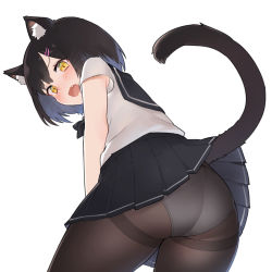 Rule 34 | 13o, 1girl, animal ears, ass, black bow, black hair, black pantyhose, black skirt, blush, bow, cat ears, cat tail, clothes lift, d:&lt;, embarrassed, from behind, frown, hair ornament, hairclip, highres, leaning forward, lifted by tail, looking at viewer, looking back, open mouth, original, panties, panties under pantyhose, pantyhose, pleated skirt, sailor collar, school uniform, see-through, serafuku, shirt, short hair, short sleeves, skirt, skirt lift, solo, standing, tail, underwear, whiskers, white background, white panties, white shirt, yellow eyes