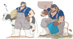 Rule 34 | 1boy, animal ears, backwards hat, bara, beard, blue overalls, blue shirt, boots, brown fur, brown hair, bucket, carrying, carrying under arm, chinstrap beard, cow, cow boy, cow ears, cow horns, cow tail, erisu (7575el), facial hair, farmer, full body, furry, furry male, hand on own hip, hat, hay, highres, holding, holding bucket, horns, large hands, large pectorals, male focus, mature male, milking cow, multiple views, muscular, muscular male, on one knee, original, overalls, pectoral cleavage, pectorals, shirt, short hair, simple background, smile, tail, thick beard, thick eyebrows, two-tone fur, udder, white background
