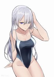 Rule 34 | 1girl, ak-15 (girls&#039; frontline), alternate costume, blue one-piece swimsuit, braid, competition swimsuit, cowboy shot, girls&#039; frontline, grey one-piece swimsuit, hair over one eye, highleg, highleg swimsuit, invisible chair, long hair, looking at viewer, one-piece swimsuit, purple eyes, silver hair, simple background, sitting, solo, swimsuit, tokiha suzumiya, white background