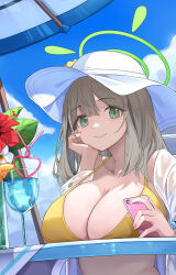 Rule 34 | 1girl, absurdres, bare shoulders, beach umbrella, bikini, blonde hair, blue archive, blue sky, breast rest, breasts, cellphone, cleavage, closed mouth, cloud, commentary request, cup, day, drinking glass, drinking straw, green eyes, green halo, halo, halterneck, hand on own cheek, hand on own face, hat, head rest, highres, holding, holding phone, jacket, large breasts, long hair, looking at viewer, nonomi (blue archive), nonomi (swimsuit) (blue archive), official alternate costume, open clothes, open jacket, outdoors, phone, see-through, see-through jacket, sky, smartphone, smile, soar sora222, solo, sun hat, swimsuit, umbrella, upper body, white hat, white jacket, wine glass, yellow bikini