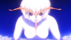 Rule 34 | animated, animated gif, ayanami rei, black sclera, breasts, cloud, colored sclera, the end of evangelion, eva 01, evil smile, giant, giantess, lilith (ayanami rei), medium breasts, neon genesis evangelion, nipples, nude, red eyes, short hair, smile