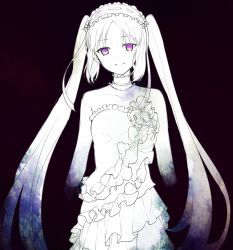 Rule 34 | 1girl, chisumi, closed mouth, colored skin, dress, fate/hollow ataraxia, fate (series), frilled hairband, frills, hairband, head tilt, highres, long hair, looking at viewer, parted bangs, purple theme, sleeveless, sleeveless dress, smile, solo, spot color, stheno (fate), strapless, strapless dress, twintails, very long hair, white skin