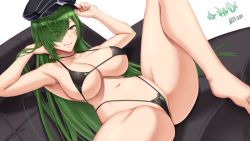 Rule 34 | 1girl, akitsuki karasu, armpits, barefoot, bikini, black bikini, black hat, breasts, cleavage, closed mouth, collarbone, commentary request, couch, eyes visible through hair, green hair, hand in own hair, hat, knee up, large breasts, long hair, looking at viewer, navel, original, sideboob, sitting, smile, solo, swimsuit, thighs, underboob, yellow eyes