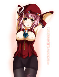 Rule 34 | 00s, 1girl, adapted costume, armpits, arms behind head, aroa (chrysocolla), beret, blush, breasts, corset, ear piercing, earrings, groin, hat, highres, jewelry, m.o.m.o., nipples, pantyhose, piercing, pink hair, pussy, simple background, small breasts, small nipples, smile, solo, stud earrings, translation request, xenosaga, xenosaga episode iii, yellow eyes