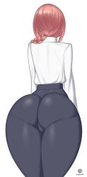 Rule 34 | 1girl, artist name, ass, black pants, braid, chainsaw man, from behind, highres, huge ass, long hair, long sleeves, makima (chainsaw man), onaeane, pants, pantylines, red hair, shirt, solo, thick thighs, thighs, tight clothes, tight pants, white background, white shirt, wide hips
