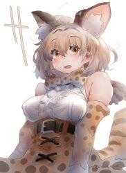 Rule 34 | 1girl, animal ears, black hair, blonde hair, blush, bow, bowtie, breasts, elbow gloves, extra ears, gloves, kemono friends, large breasts, nyororiso (muyaa), open mouth, print bow, print bowtie, serval (kemono friends), serval print, shirt, short hair, skirt, sleeveless, sleeveless shirt, smile, tail