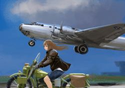 Rule 34 | 1girl, absurdres, aircraft, airplane, bag, blue eyes, blue shorts, blue sky, bomber, brown hair, brown jacket, cloud, commentary, commission, highres, jacket, long hair, long sleeves, military, military vehicle, mirroraptor, motor vehicle, motorcycle, original, pixiv commission, propeller, riding, roundel, shirt, shorts, sky, solo, taking off, top gun, united states air force, vehicle focus, white shirt, xb-19