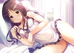 Rule 34 | 1girl, bare arms, bed sheet, blush, breasts, brown eyes, brown hair, closed mouth, commentary request, covered erect nipples, curtains, frilled nightgown, highres, looking at viewer, lying, ment, nightgown, on bed, on side, original, panties, pillow, simple background, sleepwear, small breasts, smile, solo, thighs, underwear, white nightgown, white panties, window