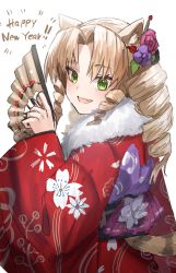 Rule 34 | 1girl, :d, absurdres, alternate costume, animal ears, arknights, blonde hair, blush, chinese zodiac, drill hair, fang, floral print, folding fan, from side, fur collar, green eyes, hand fan, happy new year, highres, holding, holding fan, horn/wood, japanese clothes, kimono, long hair, long sleeves, looking at viewer, looking to the side, new year, open mouth, parted bangs, print kimono, red kimono, ringlets, simple background, skin fang, smile, solo, swire (arknights), tail, tiger ears, tiger girl, tiger tail, upper body, white background, wide sleeves, year of the tiger