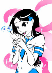 Rule 34 | 1girl, aitako, black hair, card, deliciousorange, flat color, hair ornament, necktie, open mouth, school uniform, short sleeves, smile, sparkling eyes, squid, tentacle bento, tentacles, translated, wet, wiggles, you gonna get raped