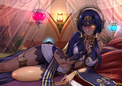 Rule 34 | 1girl, adsouto, asymmetrical clothes, blue eyes, blue hair, breasts, candace (genshin impact), dark-skinned female, dark skin, egyptian clothes, genshin impact, heterochromia, highres, large breasts, looking at viewer, lying, midriff, navel, on side, short hair with long locks, solo, yellow eyes