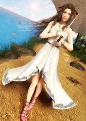 Rule 34 | 1girl, 3d, aerith gainsborough, artist name, bare shoulders, belt, bracelet, breasts, dress, final fantasy, final fantasy vii, final fantasy vii remake, full body, green eyes, hair ribbon, holding, holding umbrella, jewelry, long dress, looking at viewer, medium breasts, necklace, ocean, parted bangs, pink footwear, pink ribbon, ponytail, ribbon, sidelocks, sleeveless, sleeveless dress, smile, solo, square enix, umbrella, walking, wavy hair, white atelier, white dress