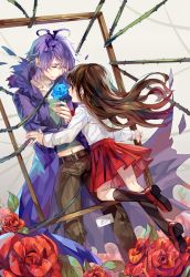 Rule 34 | 1boy, 1girl, blue flower, blue rose, brown hair, closed eyes, coat, commentary, english commentary, flower, garry (ib), harrymiao, highres, ib (ib), ib (kouri), long hair, open mouth, painting (object), purple hair, red eyes, red flower, red rose, rose, skirt