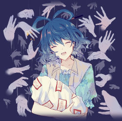 Rule 34 | 1girl, blue background, blue hair, blue shirt, closed eyes, commentary request, cropped torso, disembodied hand, facing viewer, floral print, hair ornament, hair rings, hair stick, highres, holding, kaku seiga, medium hair, open mouth, ringlets, shirt, short sleeves, simple background, smile, solo, talisman, touhou, upper body, uranaishi (miraura), vest, white vest