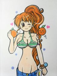 Rule 34 | 1girl, bikini, bikini top only, food, fruit, highres, nami (one piece), one piece, orange (fruit), orange hair, rei (smile8110), swimsuit