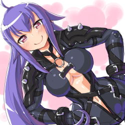 Rule 34 | 10s, 1girl, bad id, bad pixiv id, bodysuit, breasts, busou shinki, c:, dd (ijigendd), dutch angle, hands on own hips, jill rivers, large breasts, long hair, navel, pink eyes, ponytail, purple hair, smile, solo, thigh gap, thighs