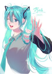Rule 34 | 1girl, adochansukisuki, aqua eyes, aqua hair, aqua necktie, breasts, collared shirt, commentary, cropped torso, dated, detached sleeves, dress shirt, grey shirt, hair between eyes, hatsune miku, highres, long hair, long sleeves, looking at viewer, medium breasts, necktie, one eye closed, open mouth, shirt, simple background, sleeveless, sleeveless shirt, solo, teeth, twintails, upper body, upper teeth only, vocaloid, waving, white background, wide sleeves
