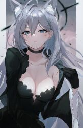Rule 34 | 1girl, animal ear fluff, animal ears, black dress, black gloves, blue archive, blue eyes, border, breasts, broken halo, choker, cleavage, closed mouth, collarbone, dress, frilled sleeves, frills, gloves, grey border, grey hair, hair between eyes, hair ornament, hairclip, halo, highres, large breasts, long hair, looking at viewer, messy hair, mismatched pupils, outside border, shiroko (blue archive), shiroko terror (blue archive), solo, very long hair, wolf ears, yoyopipa