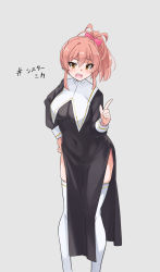 Rule 34 | 1girl, :o, alternate costume, black dress, breast curtains, breasts, covered navel, dress, feet out of frame, hand on own hip, highres, idolmaster, idolmaster cinderella girls, jougasaki mika, large breasts, looking at viewer, mismatched eyebrows, nun, pelvic curtain, pink hair, pointing, round teeth, side ponytail, side slit, simple background, skin tight, solo, teeth, thighhighs, white thighhighs, yuuichi (reductionblack)