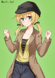 Rule 34 | 1girl, alternate costume, anti (untea9), black hat, black pants, black ribbon, blush, breasts, brown cat, casual, cleavage, clenched hands, closed mouth, coat, collarbone, cowboy shot, cross-laced clothes, green background, green eyes, hair ribbon, hands up, hat, highres, kantai collection, large breasts, long hair, long sleeves, looking at viewer, low twintails, medium breasts, open clothes, open coat, pants, prinz eugen (kancolle), ribbon, simple background, smile, solo, standing, twintails, twitter username, unbuttoned, upper body