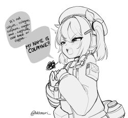 1girl angry artist_name beret blush colphne_(girls&#039;_frontline_2) commentary english_commentary english_text girls&#039;_frontline girls&#039;_frontline_2:_exilium greyscale hat highres hkkmori jacket monochrome open_mouth scribble short_hair short_twintails simple_background solo speech_bubble tactical_clothes teeth twintails twitter_username upper_teeth_only