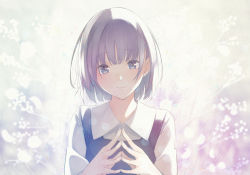 Rule 34 | 1girl, baby&#039;s-breath, black dress, blue eyes, closed mouth, collared shirt, commentary request, dress, flower, fujiwara mizuki, grey hair, hands up, looking at viewer, original, shirt, short hair, sleeveless, sleeveless dress, smile, solo, steepled fingers, upper body, white flower, white shirt