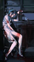 Rule 34 | 1girl, black footwear, black shirt, blood, blood in hair, blood on arm, blood on clothes, blood on face, blood on hands, blood on leg, blue eyes, blue hair, commentary, enomoto noa, film grain, hair bobbles, hair ornament, highres, holding, holding jar, indoors, jar, lab coat, low ponytail, parted bangs, saibou shinkyoku, shirt, short sleeves, side ponytail, sitting, smile, solo, symbol-only commentary, xiaochun