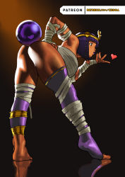 Rule 34 | 1girl, alternate costume, anklet, ass, asymmetrical legwear, balancing, bandages, bent over, between buttocks, blowing kiss, blunt bangs, bob cut, breasts, cessa, circlet, commentary, crystal ball, dark-skinned female, dark skin, egyptian, english commentary, from behind, full body, hand on own hip, jewelry, lipstick, makeup, menat, mismatched legwear, mummy costume, naked bandage, object on ass, official alternate costume, patreon username, plantar flexion, puckered lips, purple hair, purple lips, purple thighhighs, reflective floor, sarashi, short hair, solo, street fighter, street fighter v, thick thighs, thighhighs, thighs, toeless legwear, toes, watermark, web address, wide hips